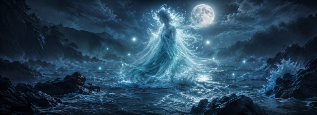 Un ayakashi emerge de las aguas bajo la luz de la luna.