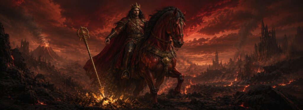 Berith, el gran duque infernal de la Goetia, montado sobre un caballo rojo en un paisaje volcánico sosteniendo un cetro dorado.