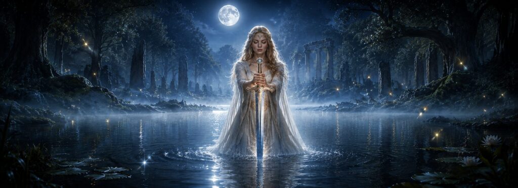 Nimue emerge de las aguas sosteniendo Excalibur bajo la luz de la luna.