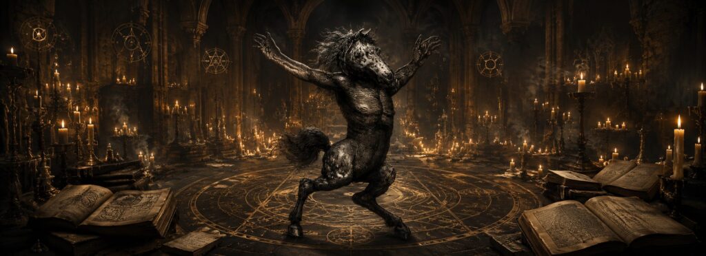 Orobas representado según los antiguos grabados de la Ars Goetia durante una invocación ritual en un templo ocultista medieval.