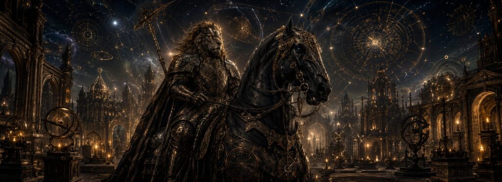 Alloces, duque de la Ars Goetia, representado como un caballero con cabeza de león montado sobre un enorme caballo de guerra rodeado de símbolos astronómicos y arquitectura ocultista medieval.