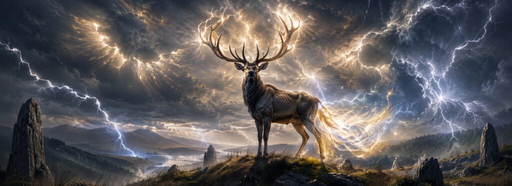 Furfur representado como un ciervo sobrenatural con cola de fuego bajo una tormenta atravesada por relámpagos y símbolos celestiales.