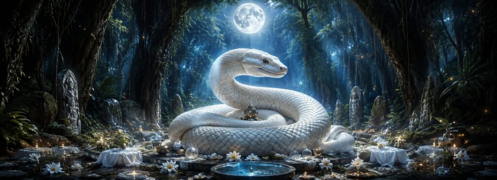 Damballa descansa en un bosque sagrado iluminado por la luna.