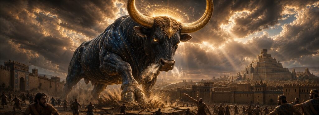Gugalanna, el Gran Toro del Cielo de la mitología sumeria, descendiendo sobre la ciudad de Uruk mientras la tierra se resquebraja bajo sus pezuñas.