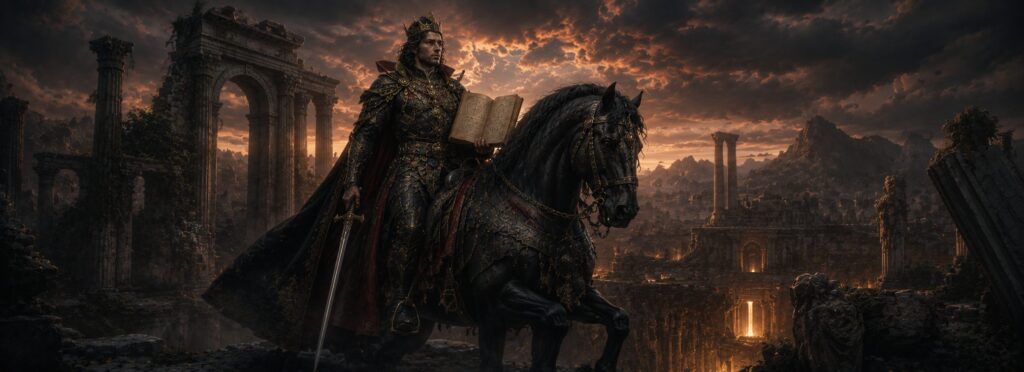 Cimejes, el marqués infernal de la Goecia, cabalgando un caballo negro entre ruinas antiguas mientras sostiene un manuscrito y una espada ceremonial.