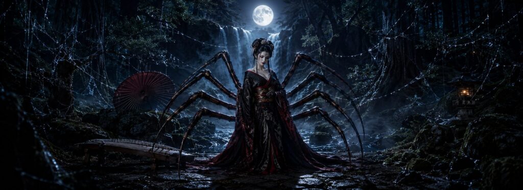 Jorogumo muestra su forma de mujer araña junto a una cascada japonesa.