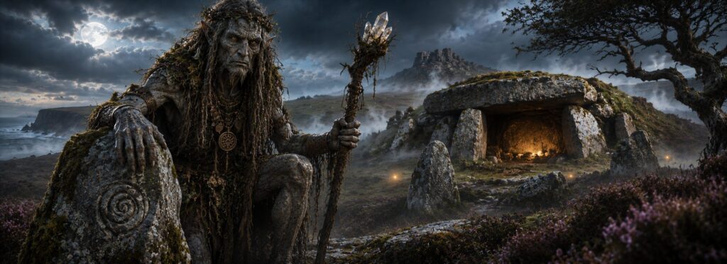 Un Spriggan de la mitología de Cornualles custodiando un antiguo túmulo celta entre la niebla de los páramos.