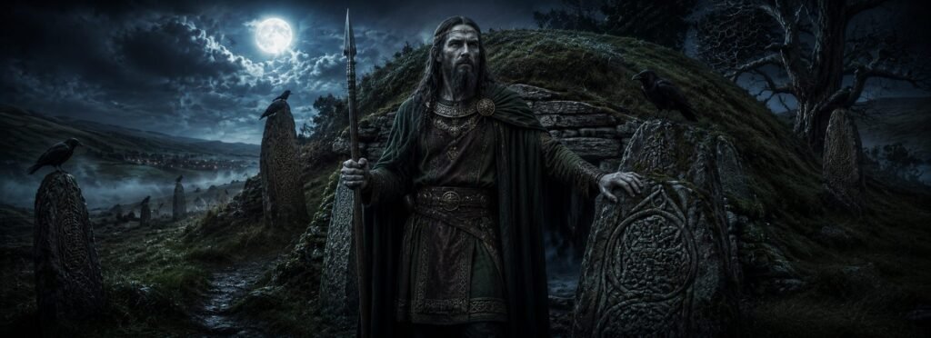 Abhartach, el antiguo caudillo irlandés convertido en un ser sobrenatural, emergiendo de su túmulo funerario bajo la luna llena.