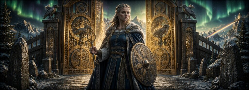 Syn, la diosa nórdica de la justicia y guardiana de las puertas de Ásgard, sosteniendo una gran llave ante la entrada del reino de los dioses.