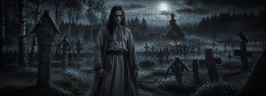 Upir, el antiguo vampiro del folclore eslavo, emergiendo de un cementerio rural bajo la luz de la luna entre la niebla.