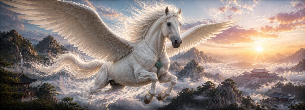 El Chollima, el legendario caballo alado de la mitología coreana, volando sobre las montañas de la antigua Corea al amanecer.