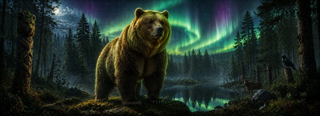 Otso, el oso sagrado de la mitología finlandesa, de pie en un bosque boreal bajo una aurora boreal.