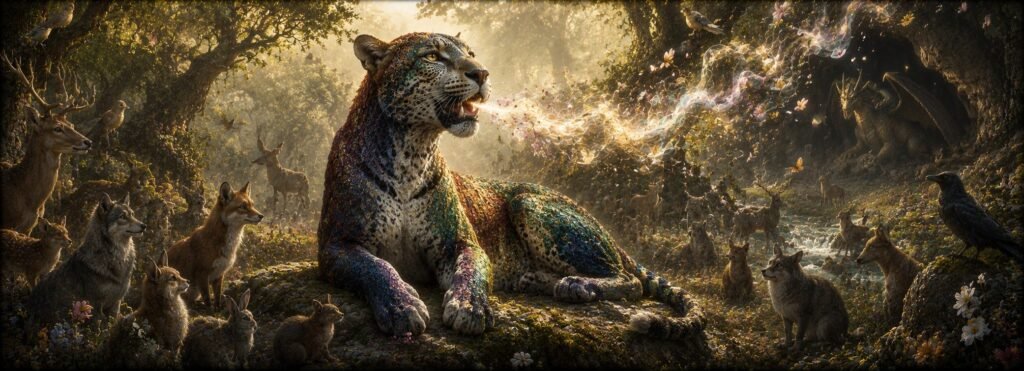 La Pantera mítica de los bestiarios medievales exhalando su legendario aliento perfumado mientras los animales del bosque se acercan a ella.