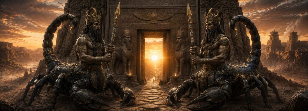 Los Aqrabuamelu, guardianes con torso humano y cuerpo de escorpión, custodiando las puertas del monte Mashu al amanecer.