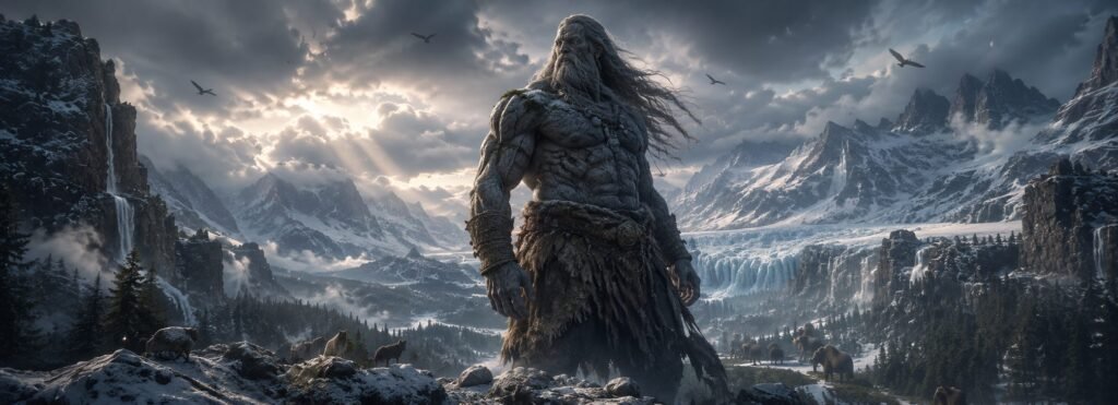 Un jötunn contemplando las montañas heladas de Jötunheim bajo un cielo tormentoso en la mitología nórdica.