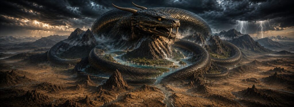 Vritra, la gigantesca serpiente asura de la mitología hindú, aprisionando las aguas del mundo entre montañas bajo un cielo de tormenta.