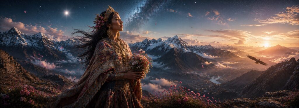 Chasca, diosa inca asociada al planeta Venus, contemplando el amanecer desde una montaña andina rodeada de flores y luz celestial.