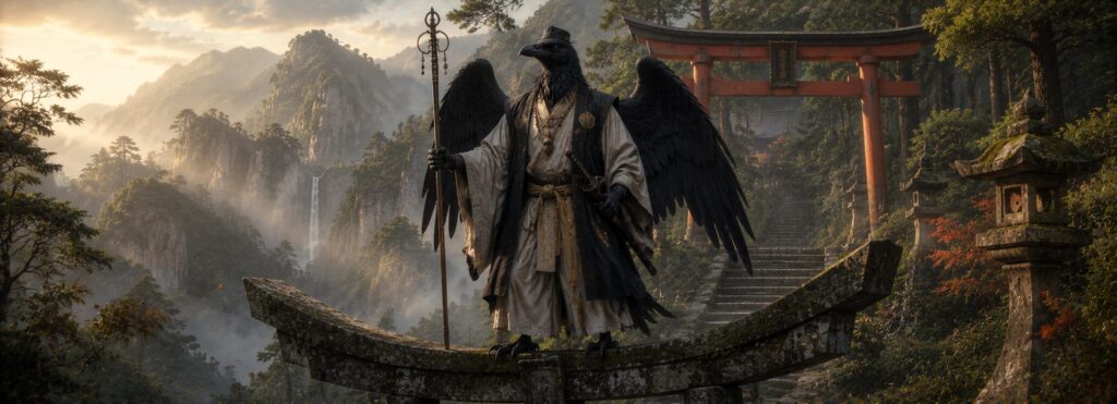 Karasu-tengu, el espíritu cuervo de la mitología japonesa, sobre un torii en las montañas sagradas cubiertas de niebla.