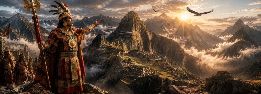 Pachacuti contemplando Machu Picchu desde una montaña andina mientras el amanecer ilumina el Imperio Inca.