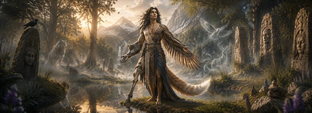 El Shapeshifter, el arquetipo mitológico del cambiaformas, transformándose parcialmente entre rasgos humanos y animales en un bosque sagrado.