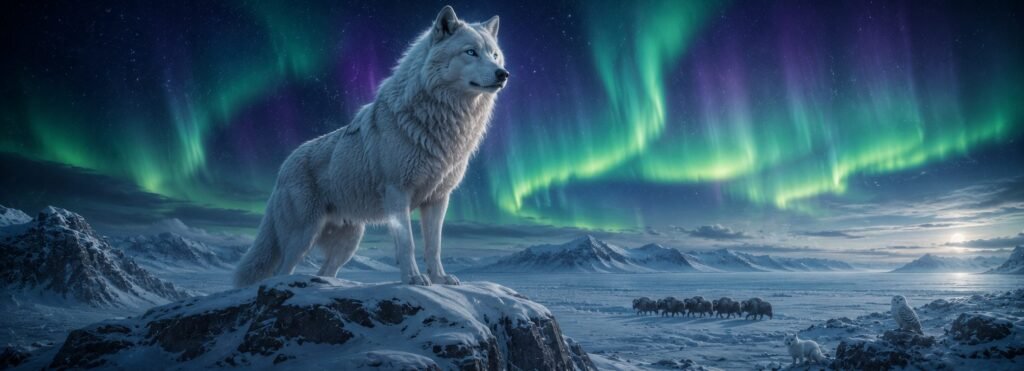 Amarok, el gigantesco lobo solitario de la mitología inuit, contemplando la tundra ártica bajo una aurora boreal.