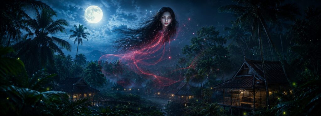 Penanggalan sobrevolando una aldea tradicional malaya durante una noche tropical iluminada por la luna entre la selva del sudeste asiático.