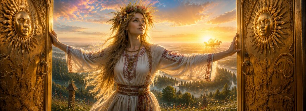 Zaria, la diosa eslava del amanecer, abriendo las puertas doradas del horizonte mientras nace el Sol.