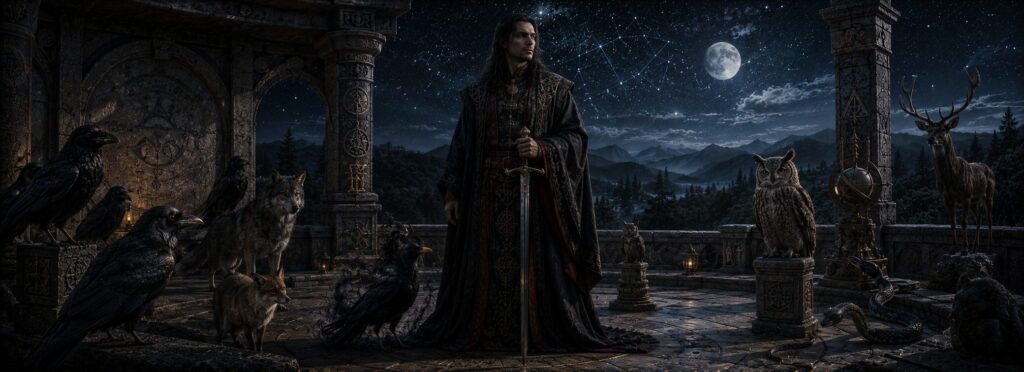 Caim, el gran presidente de la Ars Goetia, junto a un mirlo negro bajo la luz de la luna rodeado de animales que simbolizan su dominio sobre el lenguaje de la naturaleza.
