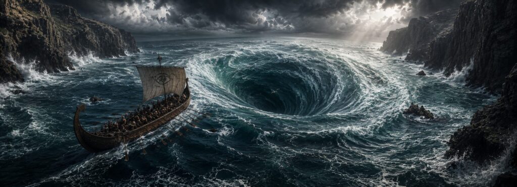 Charybdis creando un gigantesco remolino marino que arrastra una nave griega en un estrecho rocoso inspirado en la Odisea.