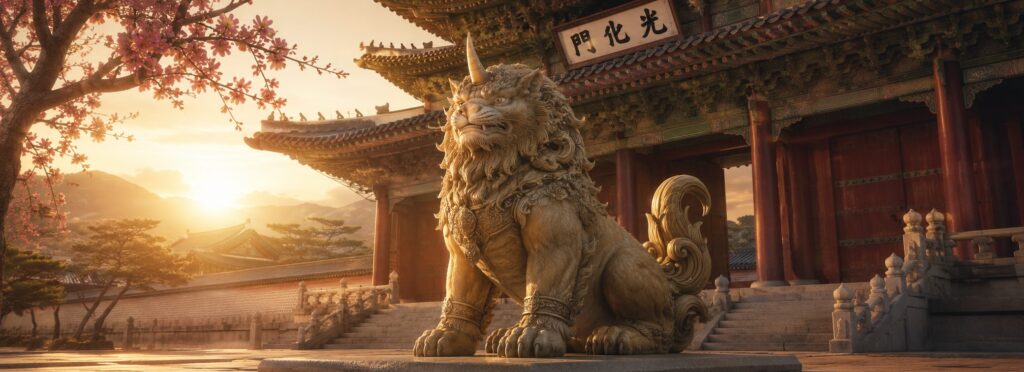 Haetae, la criatura guardiana de la mitología coreana, vigilando la entrada de un antiguo palacio de la dinastía Joseon.