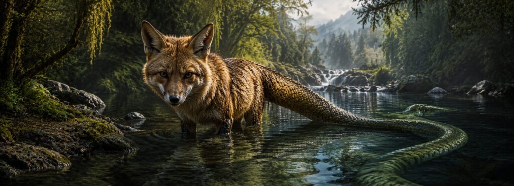 Nguruvilu, criatura de la mitología mapuche con cuerpo de zorro y cola de serpiente, emergiendo de un río en los bosques del sur de Chile.