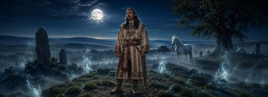 Un Táltos contempla el mundo espiritual bajo la luna llena.