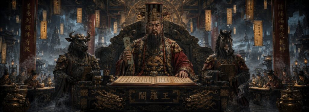 Yanluo Wang, el juez supremo del inframundo chino, sentado en su trono de jade dentro del gran Salón del Juicio del Di Yu.