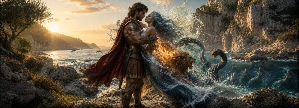 Peleus sujetando a la diosa Tetis mientras esta se transforma en distintas formas sobre una costa rocosa de la antigua Grecia.