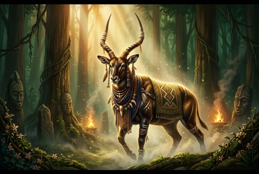 Abada, unicornio africano mitológico de la cultura Congo con cuerno espiral