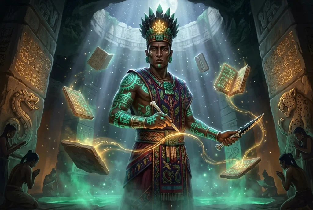 Acat dios maya de la escritura y tatuaje sagrado, deidad de la mitología celta y comunicación divina