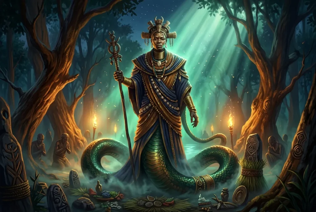 Adroanzi espíritu guardián de la mitología africana Lugbara, criatura mística de bosques y aguas