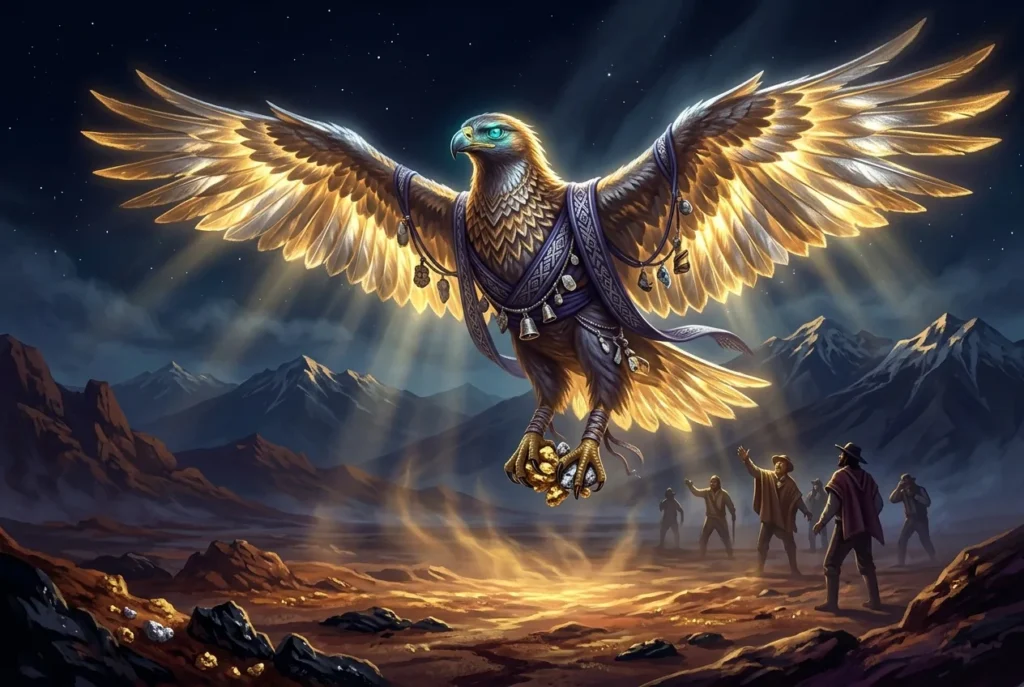 Alicanto, ave mítica chilena con alas luminosas volando sobre el desierto de Atacama, criatura legendaria de la mitología chilena
