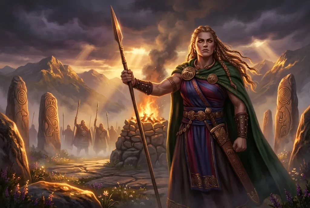 Andarta diosa guerrera celta de la mitología celta antigua con armadura y armas