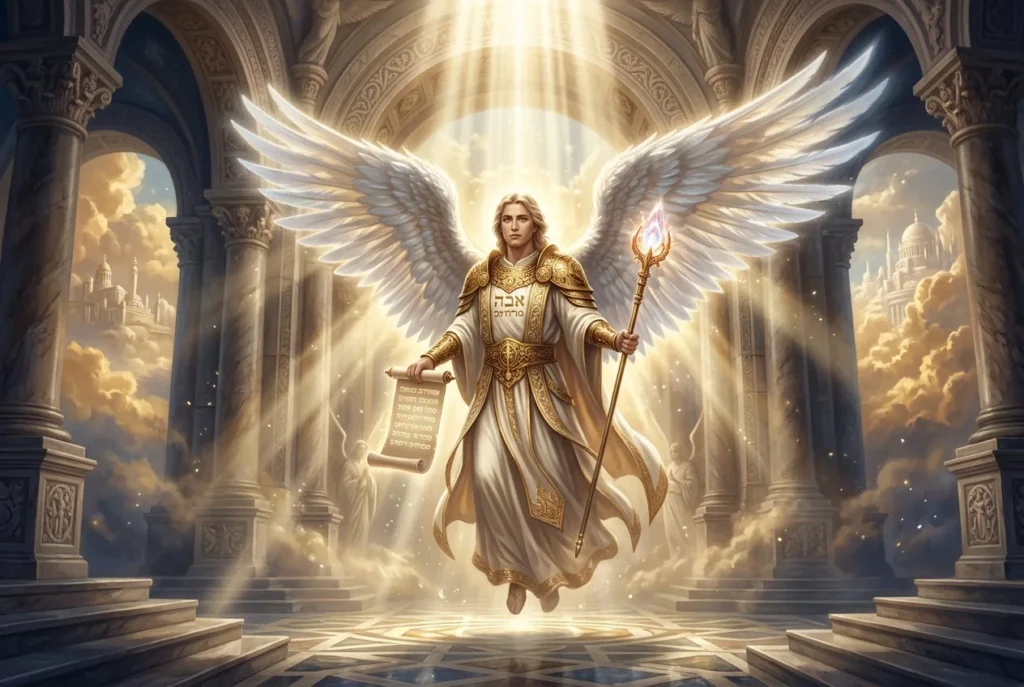Ángel celestial con alas doradas y aura de luz divina, mensajero de la mitología cristiana