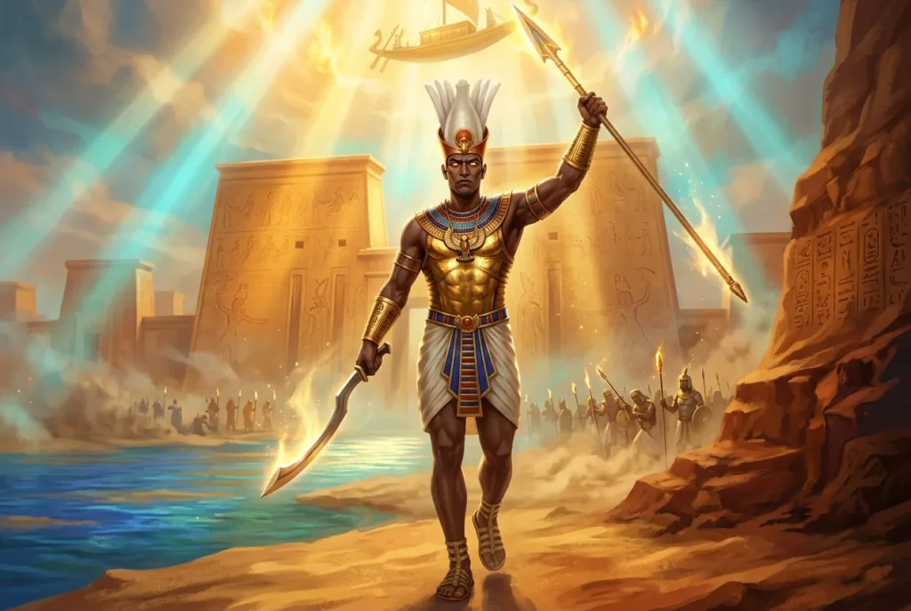 Anhur, dios egipcio de la guerra y la caza con lanza, representación mitología antigua Egipto