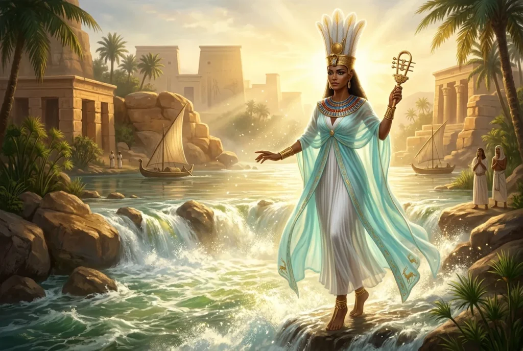 Anuket diosa egipcia del Nilo, deidad mitología antigua Egipto con corona y símbolos fluviales