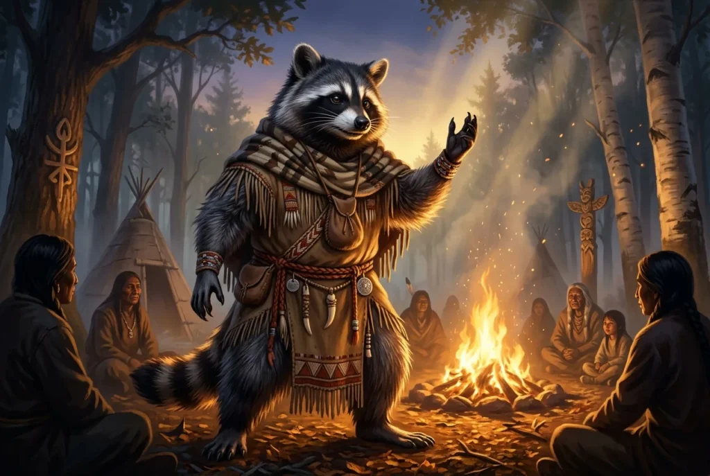 Azeban el mapache trickster de la mitología Abenaki y algonquina, espíritu astuto de los pueblos originarios