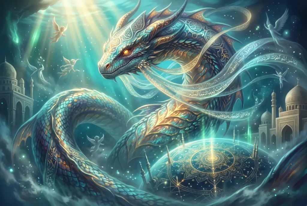 Bahamut, el gigantesco pez dragón de la mitología árabe e islámica, criatura mítica de la cosmología islámica