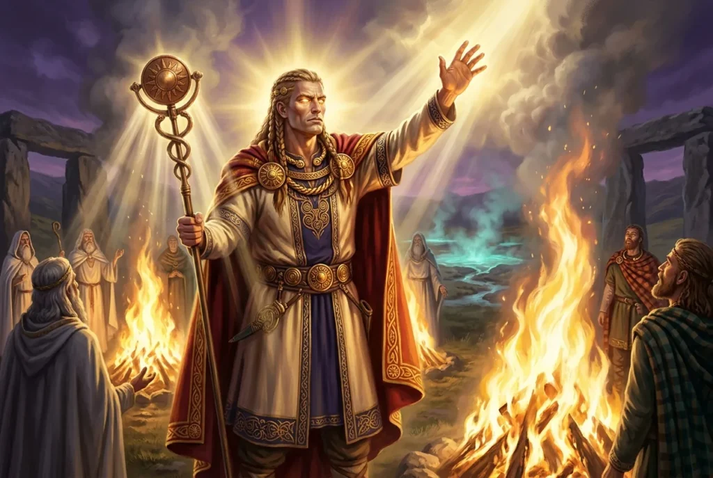 Belenus dios celta del sol resplandeciente con aura dorada - mitología celta antigua