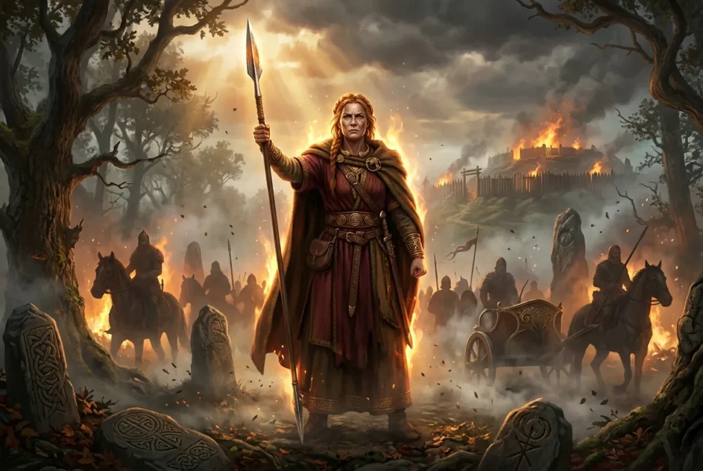 Boudica reina guerrera celta de los Icenos liderando rebelión contra Imperio Romano