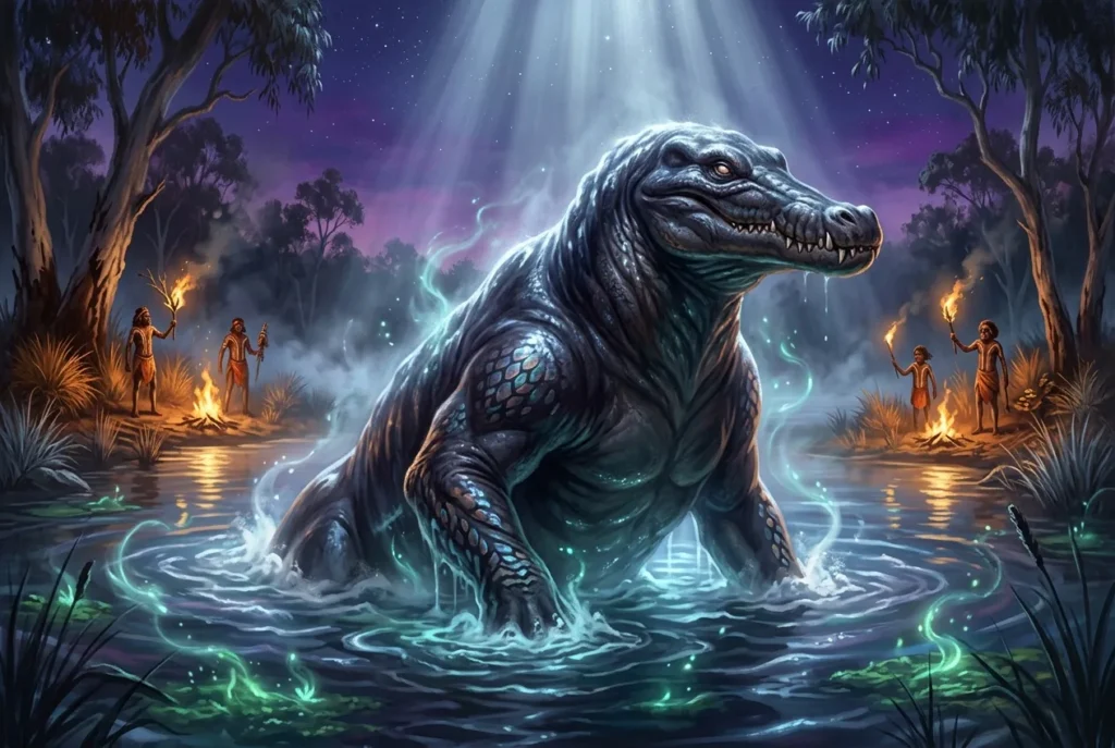 Bunyip criatura mitología aborigen australiana bestia acuática río lago pantano