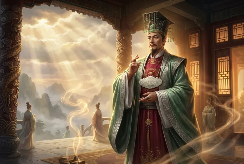 Cao Guojiu, el Inmortal Taoísta de la mitología china, representado con sus atributos tradicionales entre los Ocho Inmortales