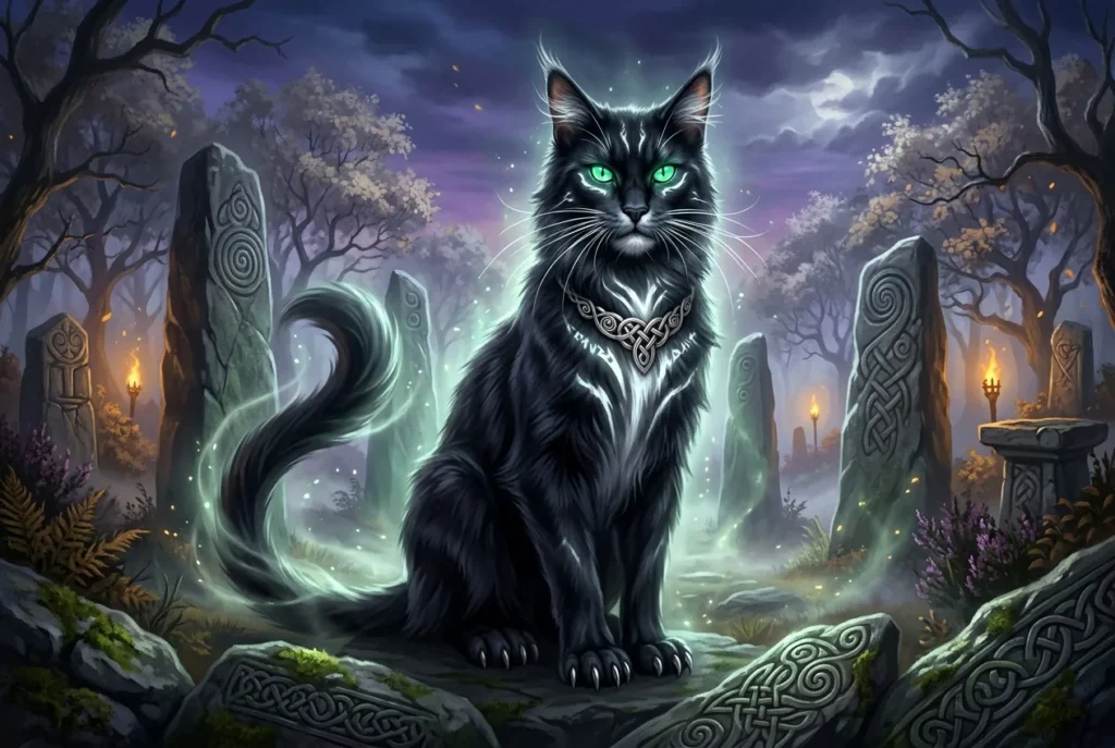 Cat Sidhe gato negro mitología celta con mancha blanca en pecho criatura sobrenatural