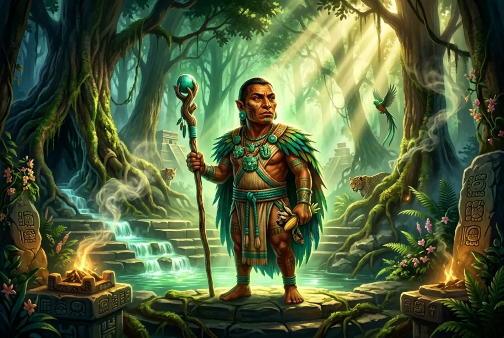 Chaneque criatura mítica azteca guardián de la naturaleza en bosque mesoamericano
